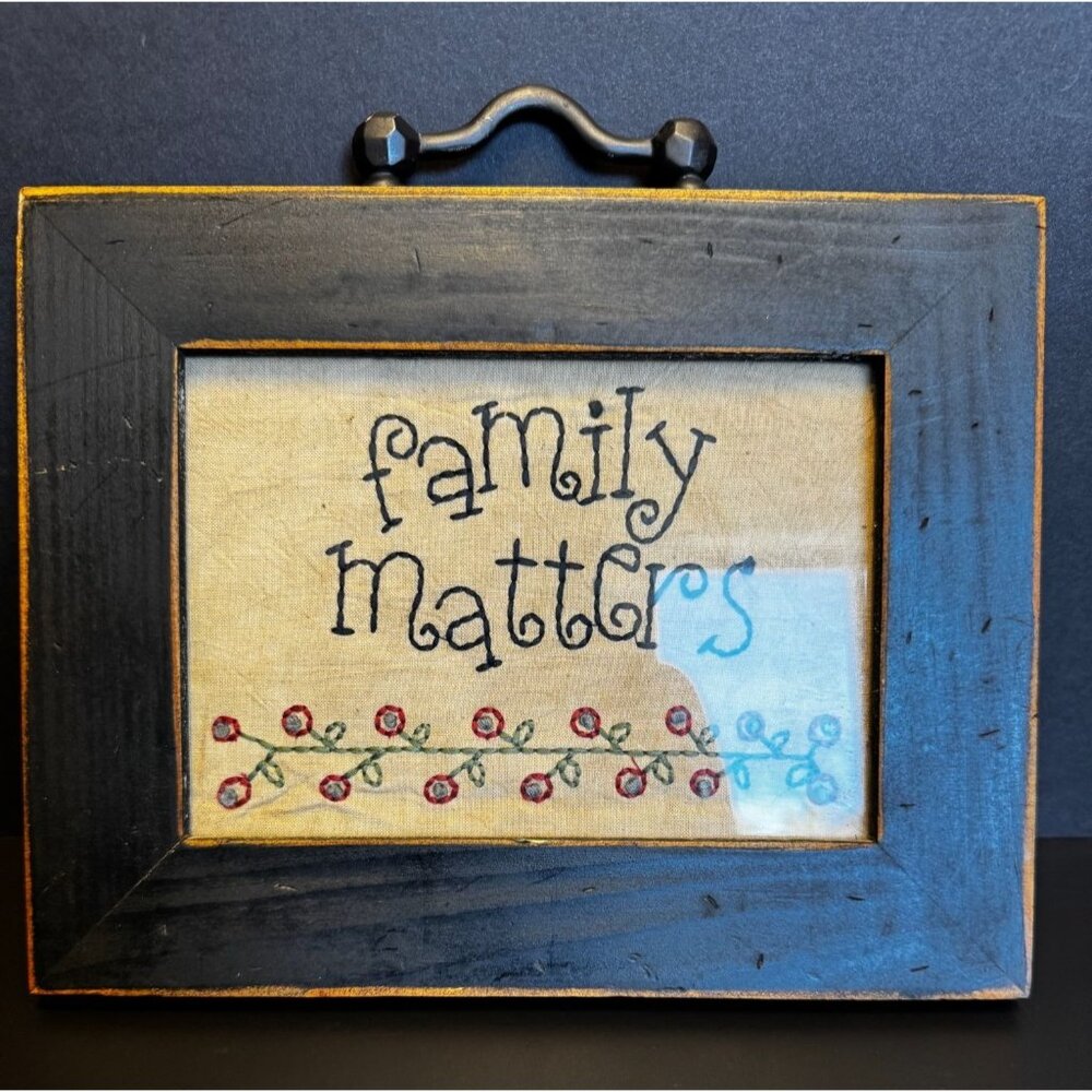 Rustic Black Wood Frame With "Family Matters" Embroidered Artwork & Handle Decor
